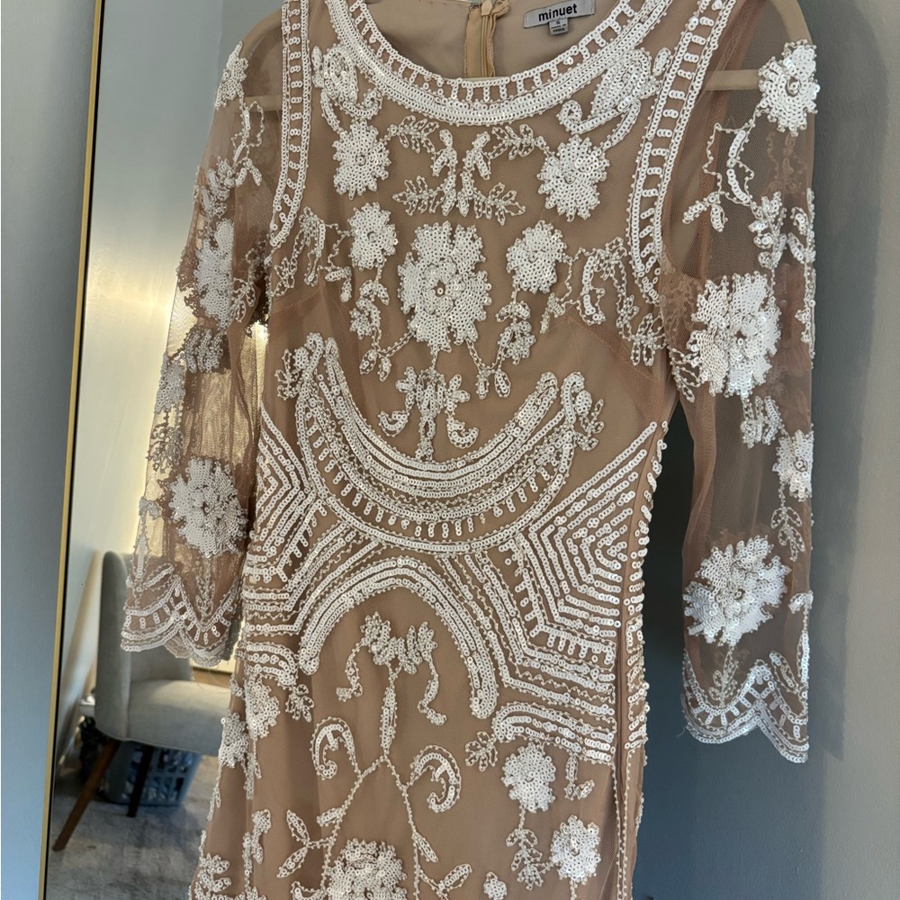 Minuet Petite Beige and White Embroidered Dress